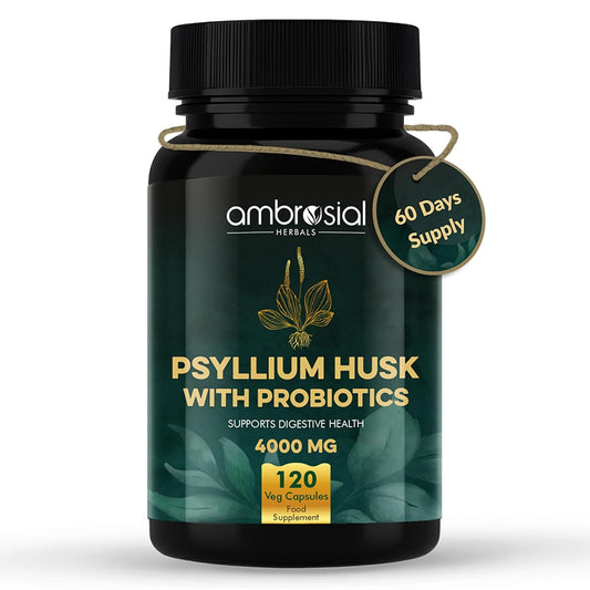 Bottle of Ambrosial Psyllium Husk with Probiotics on a white background