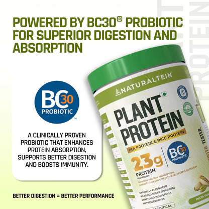 Naturaltein plant protein powder with BC30 probiotic label on a light green background
