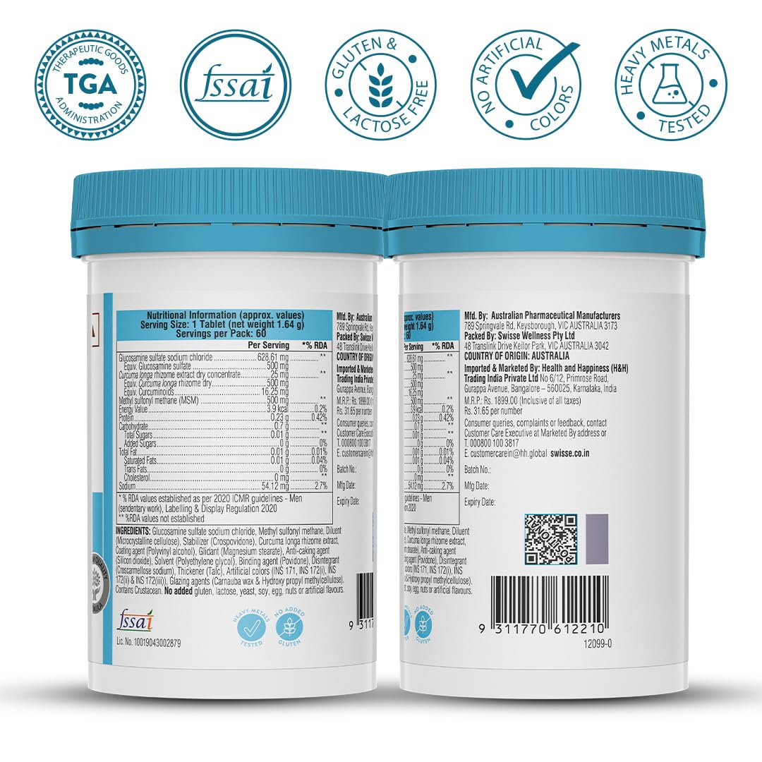 Zephivo Swisse Glucosamine Sulfate+ (60 Serving Pack, Only One Tablet Per Serving) - Higher Absorption Glucosamine - Supports Healthy Joints, Bones & Cartilage