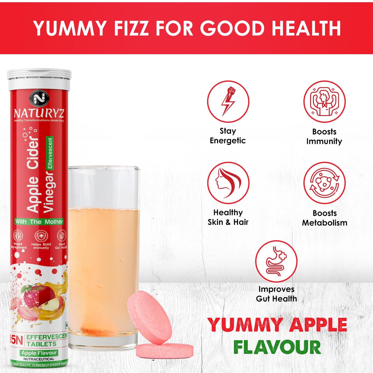 Naturyz Apple Cider Vinegar with The Mother product packaging, glass of apple cider vinegar, and pink tablets on a white background.