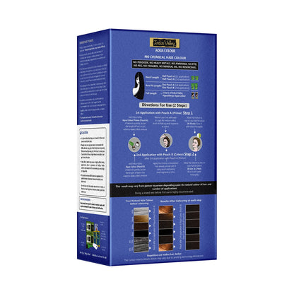 Blue hair color kit packaging with text and images on a white background
