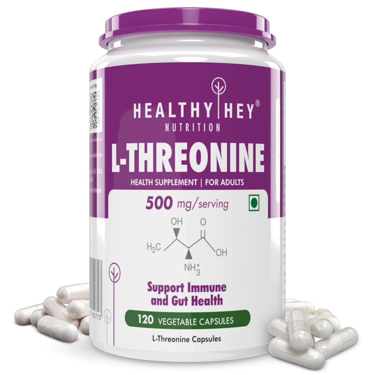 L-Threonine supplement container with white label and purple lid on a white background