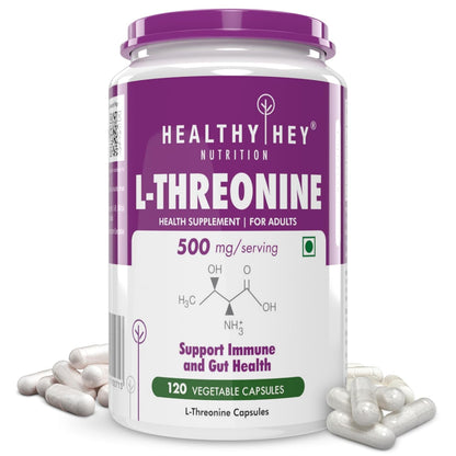 L-Threonine supplement container with white label and purple lid on a white background