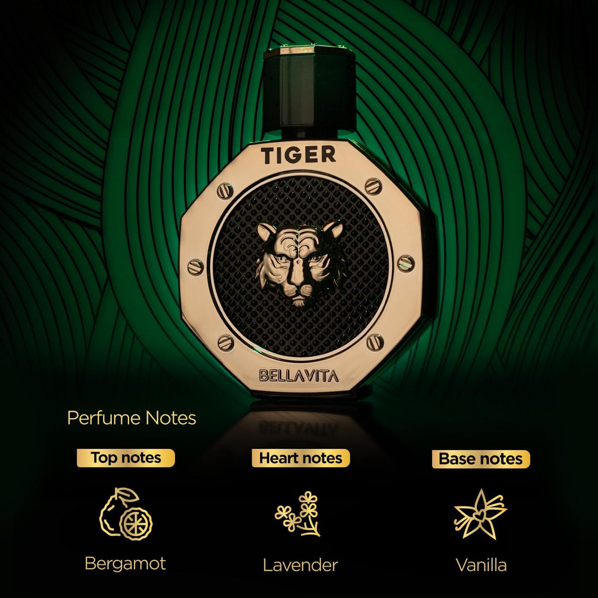 Perfume bottle labeled 'Tiger' by Bellavita with perfume notes on a green background