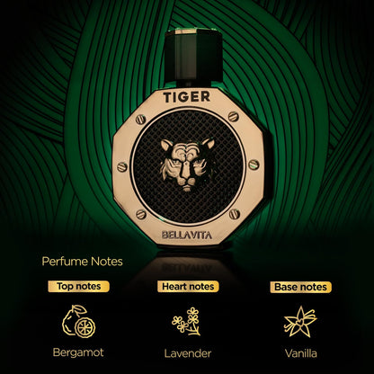 Perfume bottle labeled 'Tiger' by Bellavita with perfume notes on a green background