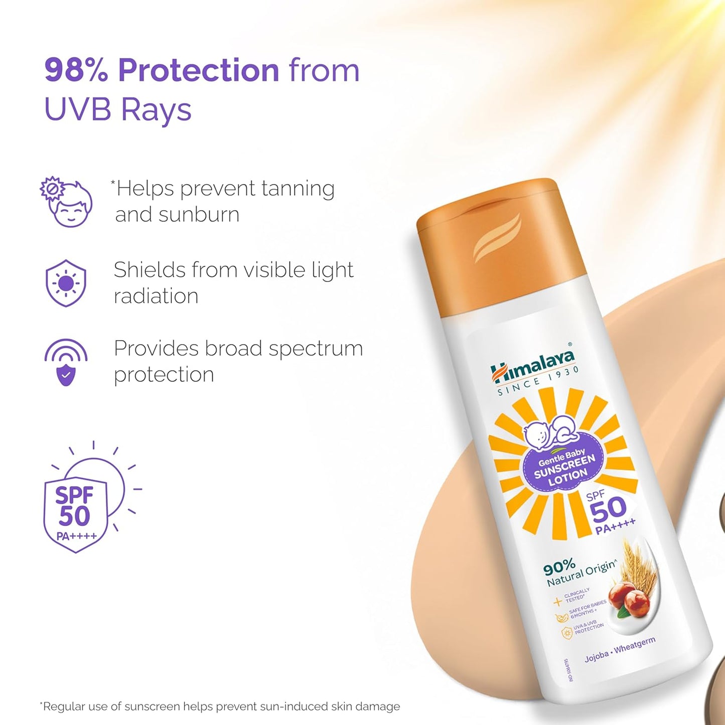 Himalaya Gentle Baby Sunscreen Lotion 100ml | SPF 50 PA++++ | UVA & UVB Broad Spectrum Protection For All Skin Types | With Jojoba Oil & Vitamin E | Non-Greasy, No White Cast|