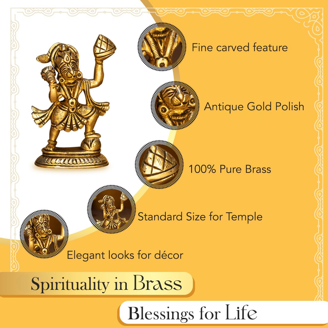 100% Pure Brass Hanuman Ji Murti for Home Puja (Size: 8.4 cm) | Lord Hanuman Idol for Desk, Car and Home Decor | Balaji Idol | Bajrangbali Murti | Bahubali Hanuman Idol