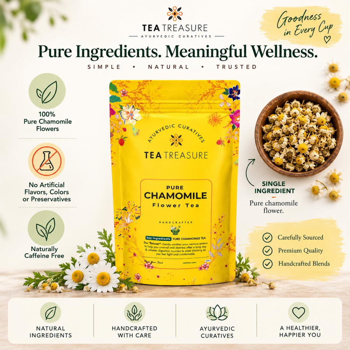 Tea Treasure Chamomile Flower Tea - 100g | Pure Natural Dried Chamomile Flowers | Caffeine-Free Herbal Tea | Non-Bitter | Sleep & Relaxation |Stress Relief | Soothing Bedtime Herbal Infusion