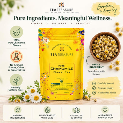 Tea Treasure Chamomile Flower Tea - 100g | Pure Natural Dried Chamomile Flowers | Caffeine-Free Herbal Tea | Non-Bitter | Sleep & Relaxation |Stress Relief | Soothing Bedtime Herbal Infusion