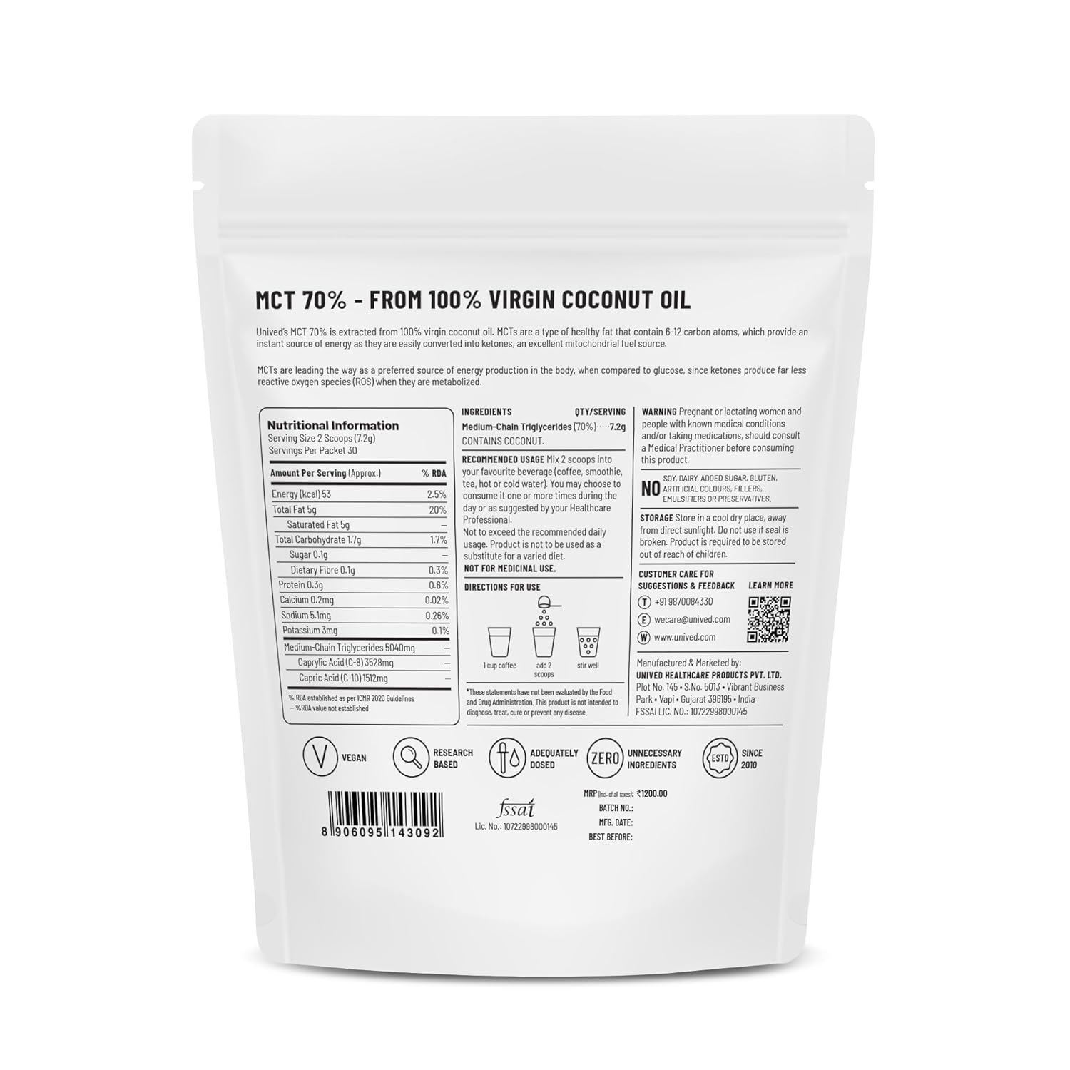 Zephivo Unived MCT 70% | Medium Chain Triglyceride Oil Powder | Clean Energy Fuel | Pure MCT 5g with C-8: 3528mg & C-10: 1512mg in a 70:30 ratio | Vegan & Keto Friendly | 30 Servings
