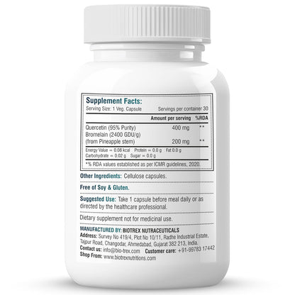 Biotrex Nutraceuticals Quercetin with Bromelain 600mg Better Respiratory Health | Antioxidant | Fights Allergies | Immunity & Cardiovascular Health - 30 Veg Capsules