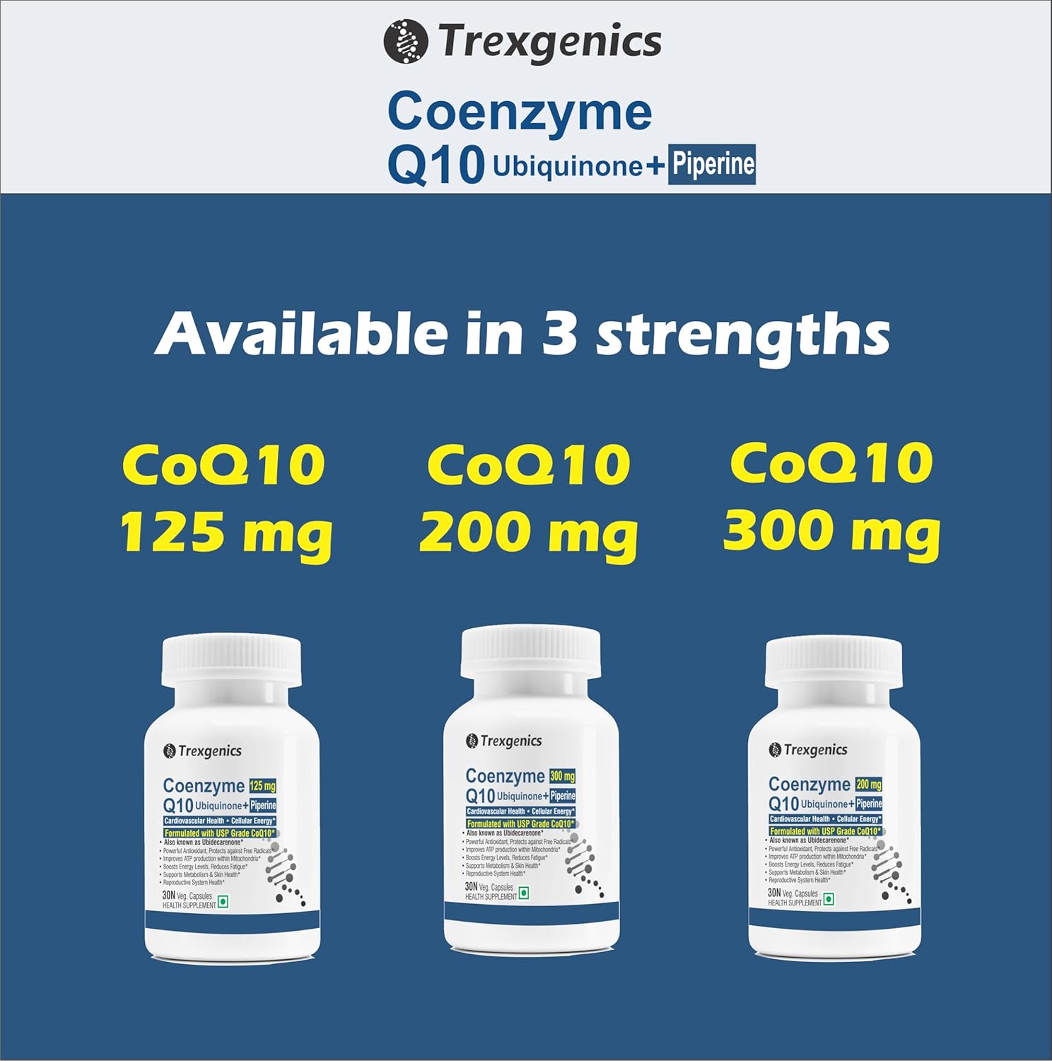 Trexgenics Coenzyme Q10 supplement bottles with different strengths on a blue background