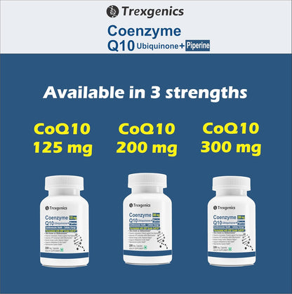Trexgenics Coenzyme Q10 supplement bottles with different strengths on a blue background