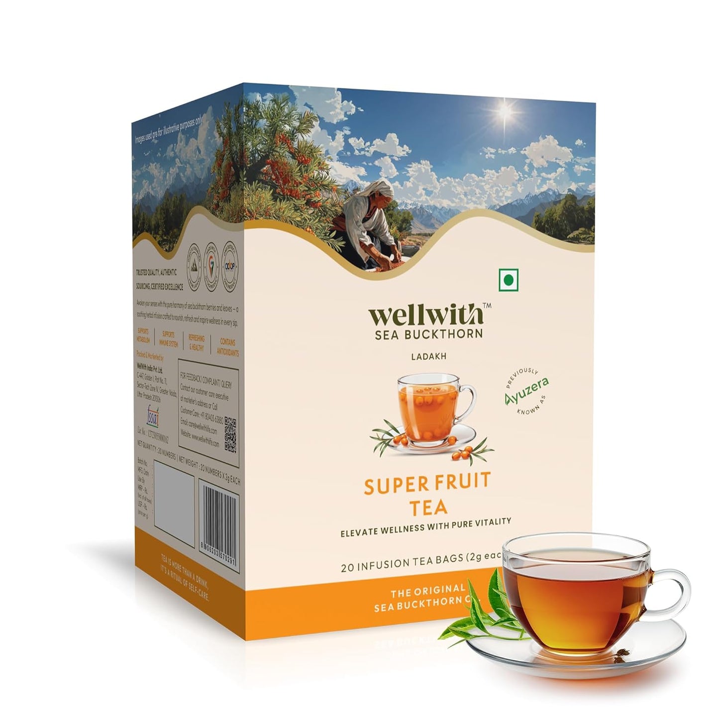 Wellwith Sea Buckthorn Super Fruit Tea | Seabuckthorn berry and Leaves |Natural Herbal Drinks |Rich in Antioxidants, Vitamin C & Omega 7 | Supports Immunity & Glow | 20 Tea Bags(2g Each),Pack of 1