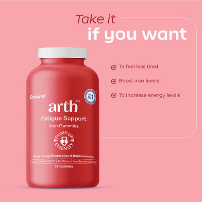 Arth Iron Supplement For Women | High Absorption Ferrous Ascorbate (67%) | With Folic Acid | Boosts Hemoglobin & Energy Levels | Reduces Fatigue & Lethargy | Emcure Pharma | 30 Iron Gummies