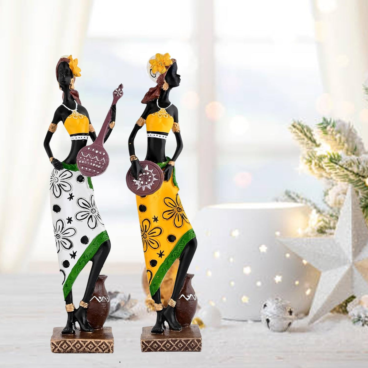 Resin African Girl with Musical Instruments|Captivating Home Décor (Pack of 2, Yellow & Black- Model 2, Large)