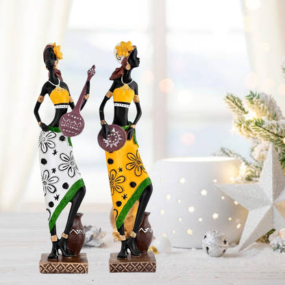 Resin African Girl with Musical Instruments|Captivating Home Décor (Pack of 2, Yellow & Black- Model 2, Large)