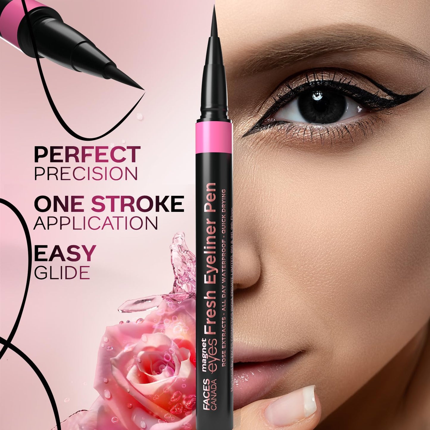 FACESCANADA Magneteyes Fresh Eyeliner Pen - Black, 1ml | All - Day Waterproof & Smudgeproof | Long-Lasting | Matte Intense Color Payoff | Quick Drying & One Stroke Application | Rose Extract