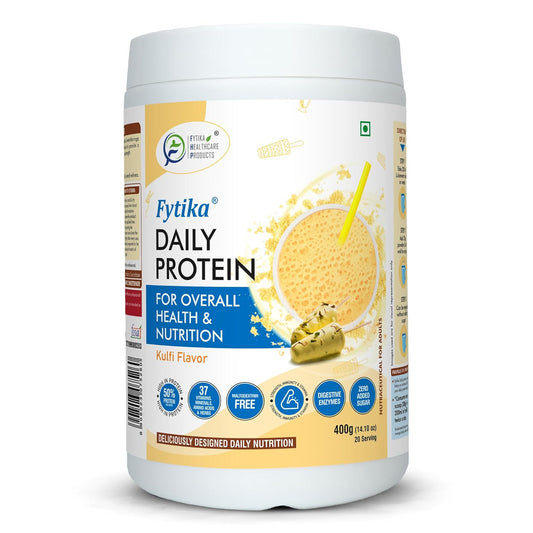 Fytika Daily Protein container with yellow flavor illustration on a white background