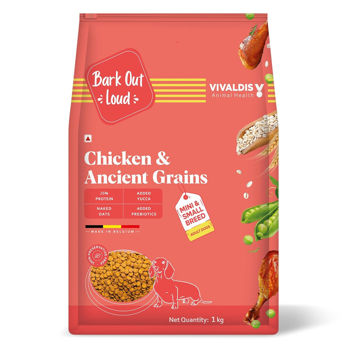 Bark Out Loud Adult Dry Dog Food for Small & Mini Breed – Chicken & Ancient Grains | Low Grain, Antioxidant & Fibre Rich | High Protein Kibbles with Prebiotics & Super Herbs| for Shihtzu, Poodle 1kg