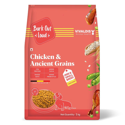 Bark Out Loud Adult Dry Dog Food for Small & Mini Breed – Chicken & Ancient Grains | Low Grain, Antioxidant & Fibre Rich | High Protein Kibbles with Prebiotics & Super Herbs| for Shihtzu, Poodle 1kg