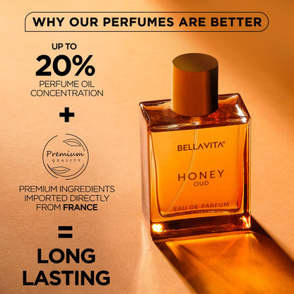 Bellavita Honey Oud perfume bottle with promotional text on a warm brown background