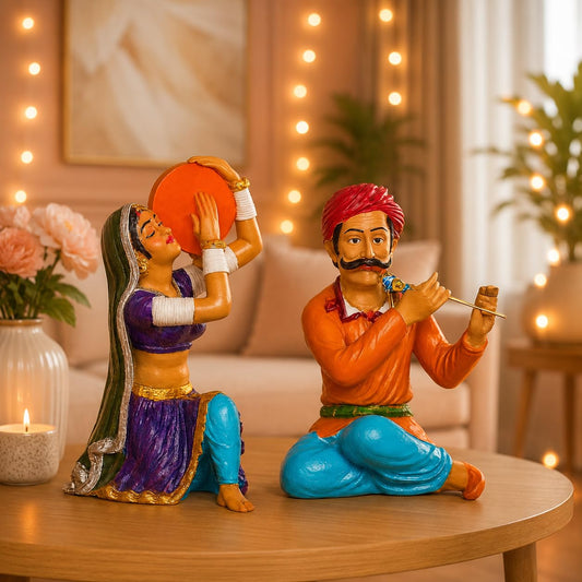 Xtore Resin Rajasthani Traditional Musical Couple Decorative Showpiece for Home Decor (Pack of 2, Multicolor)