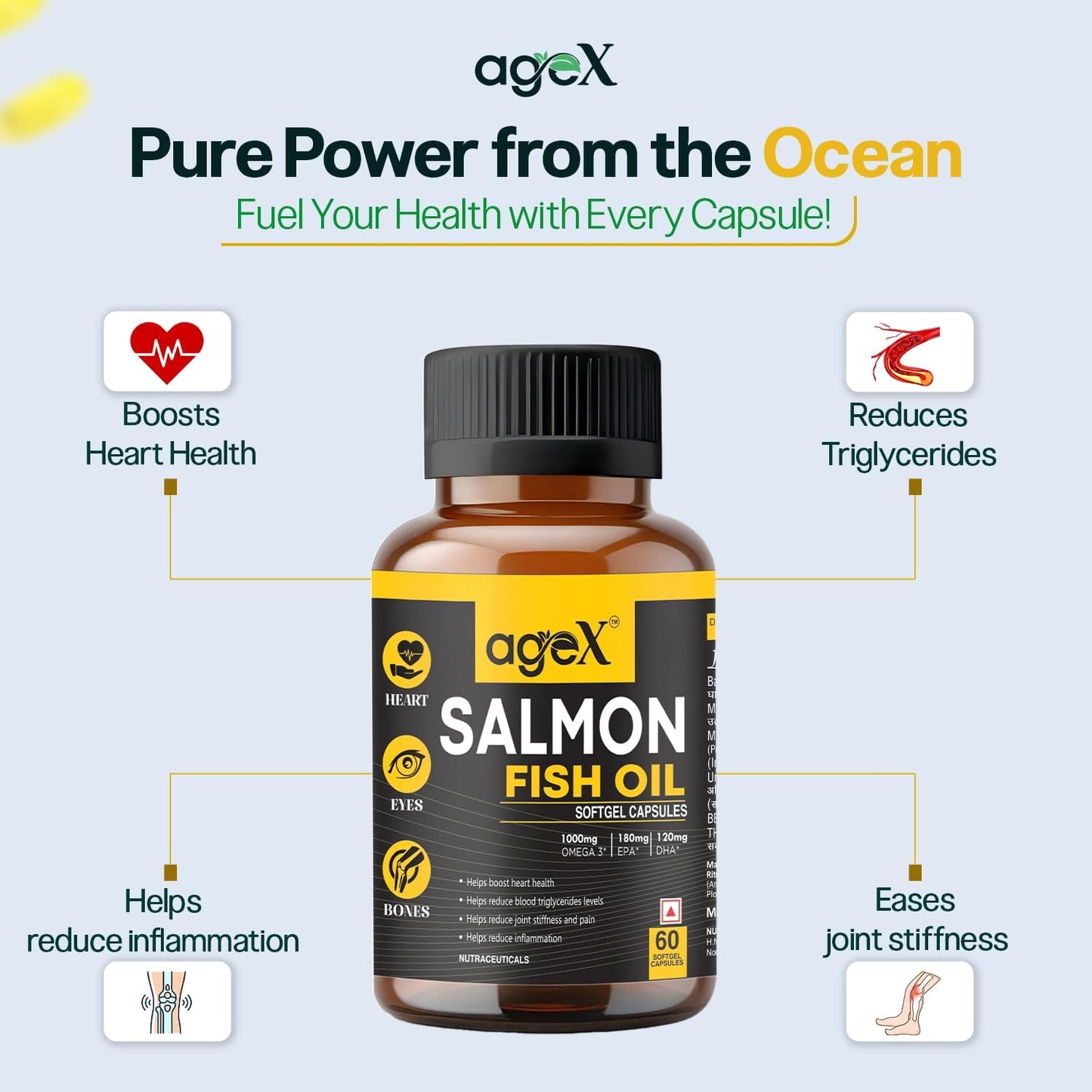 Omega 3 Fish Oil Capsules 1000mg | 180mg EPA + 120mg DHA | High Absorption Triglyceride Form | No Fishy Burps | Mercury-Free Salmon Oil | 60 Softgels (Pack of 1)