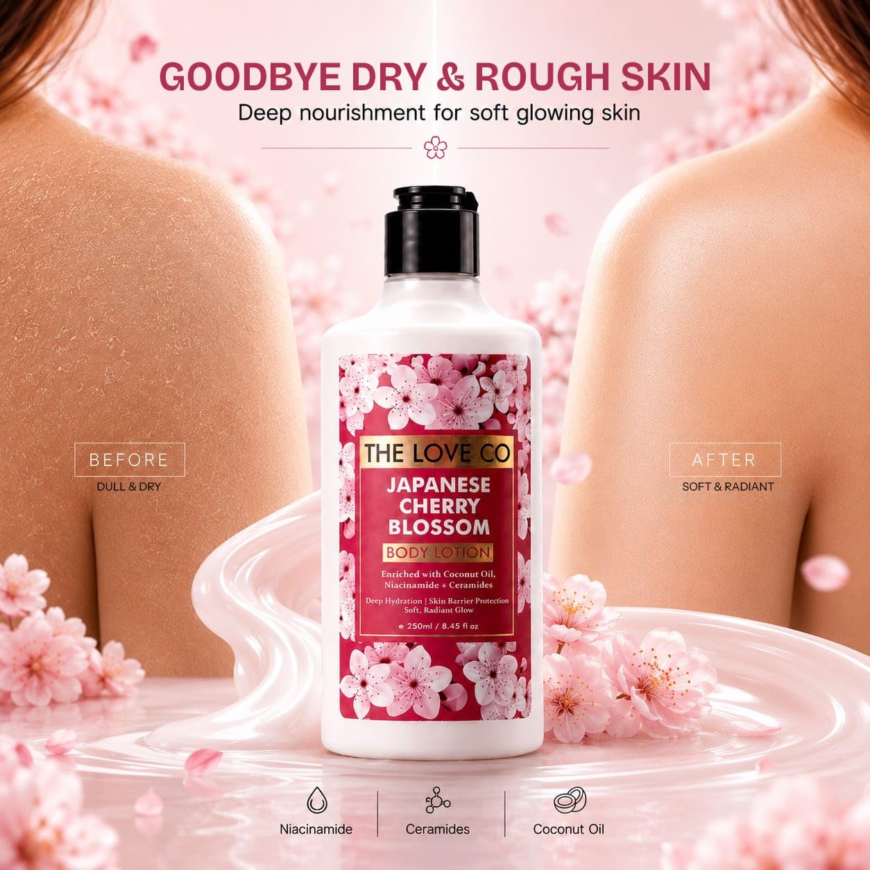 The Love Co Japanese Cherry Blossom Body Lotion for Women | Perfume Body Lotion with Niacinamide, Ceramides, Shea Butter & Coconut Oil | 48Hr Deep Hydration, Non-Greasy Moisturizer for Dry Skin | 250ml