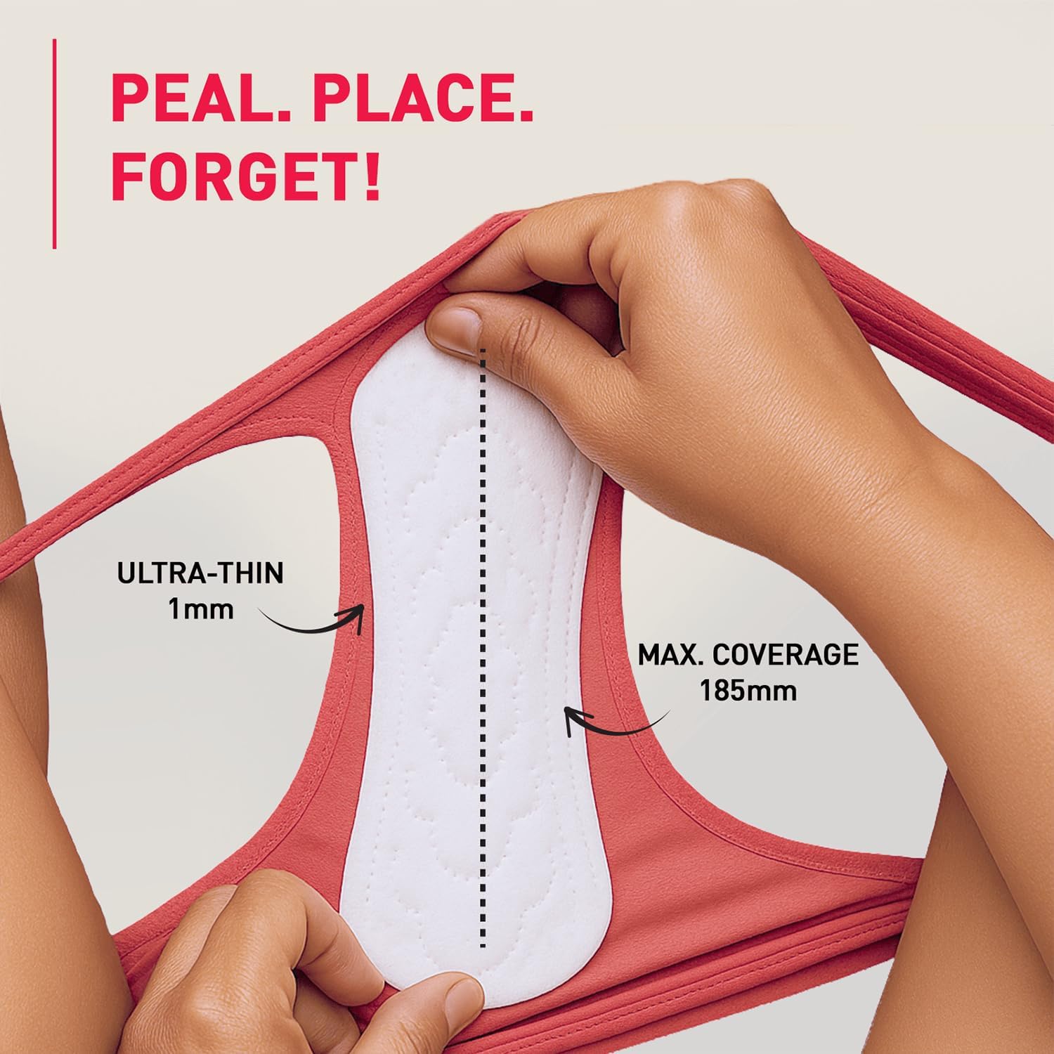 Person holding a pink bra with text indicating peel, place, forget!
