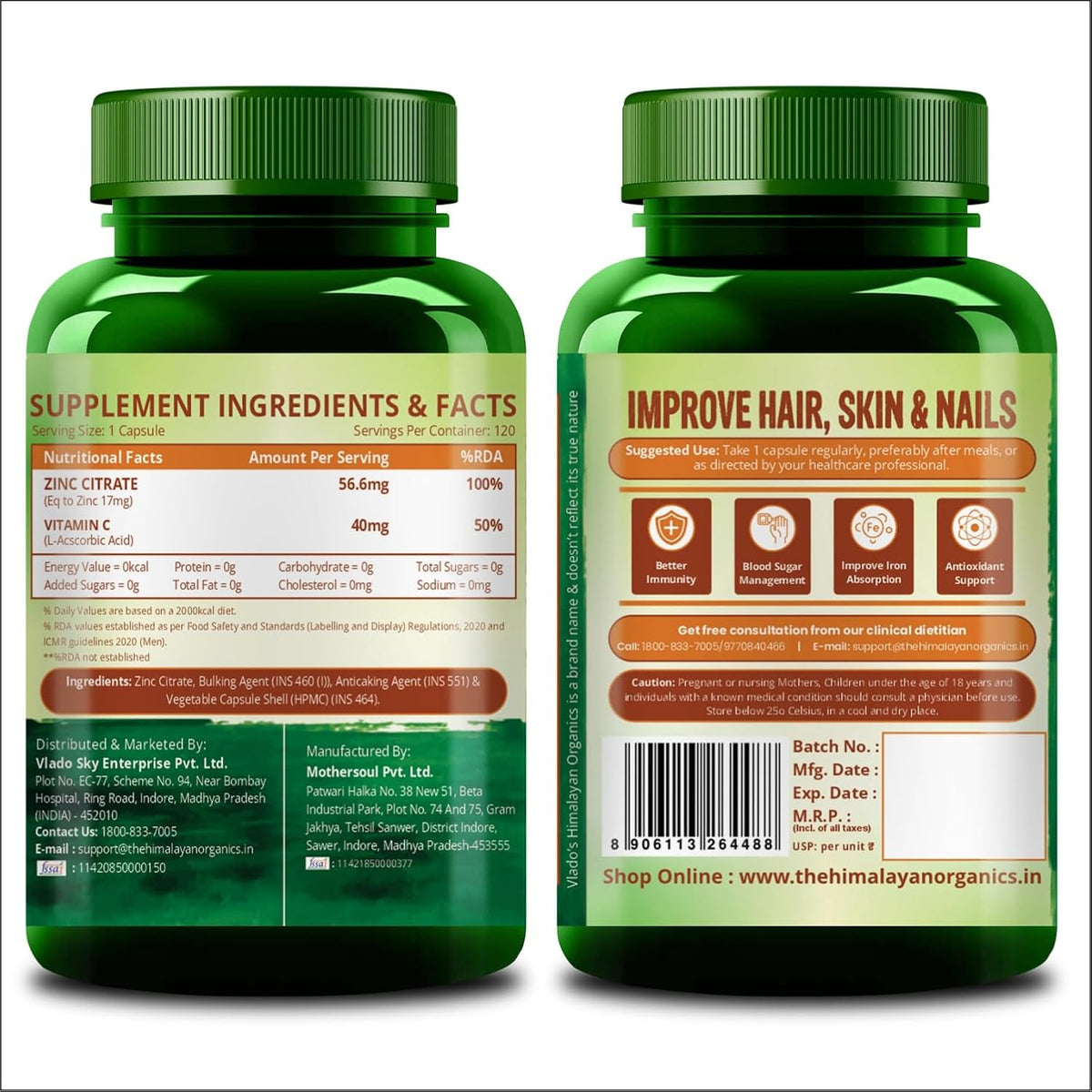 Vlado’s Himalayan Organics Zinc Citrate with Vitamin C | Zinc Supplements for Men & women with 100% RDA Zinc | Immunity & Cellular Health Support - Support Healthy Immune Function | Improve Iron Absorption | Antioxidant Support - 120 Tablets