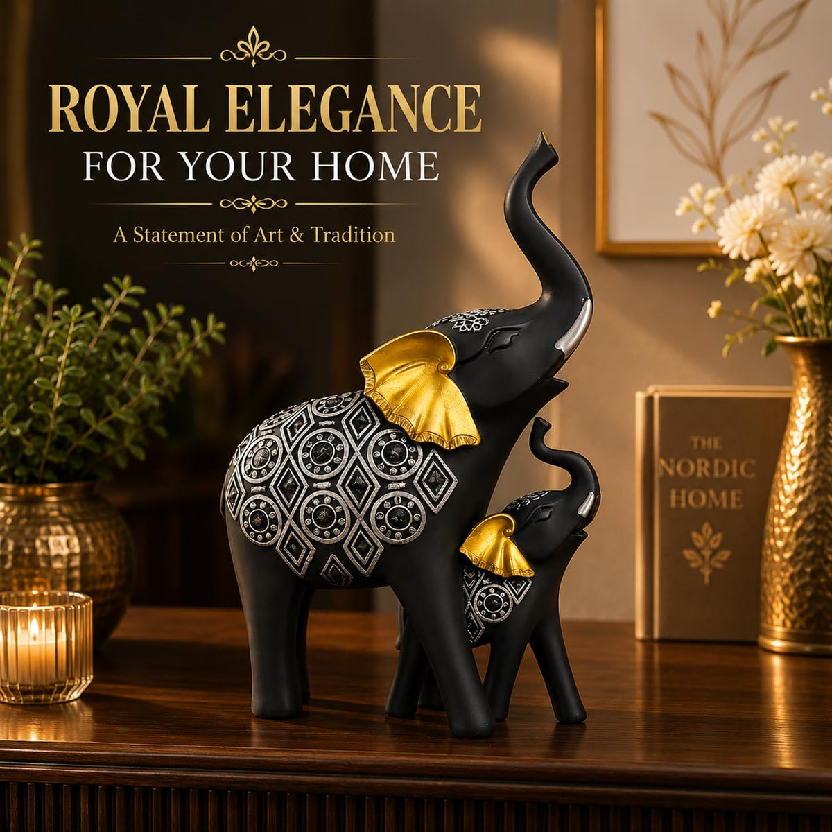 Black Elephant Figurines Showpiece with Silver Carving & Golden Ears | Decorative Resin Elephant Statue on Wooden Base | Good Luck Home Décor Gift for Living Room | Office & Festivals