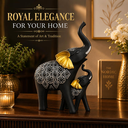 Black Elephant Figurines Showpiece with Silver Carving & Golden Ears | Decorative Resin Elephant Statue on Wooden Base | Good Luck Home Décor Gift for Living Room | Office & Festivals
