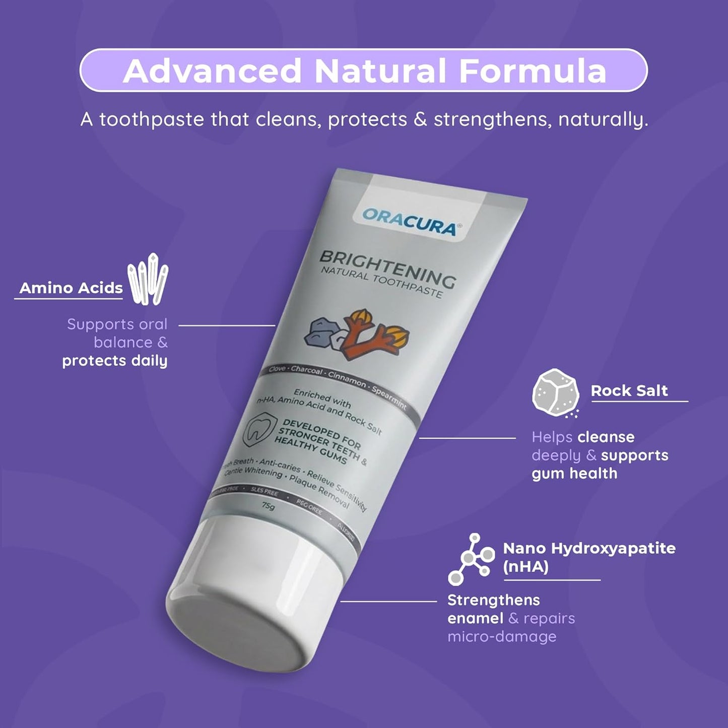 ORACURA Brightening Natural Toothpaste (Charcoal) | Fluoride-Free, SLES-Free | nHA (Nano Hydroxyapatite) Enamel Strengthening | Gently Whitens, Removes Surface Stains, Helps Prevent Plaque & Discoloration | Clove Extracts | 75 g (Pack of 1)