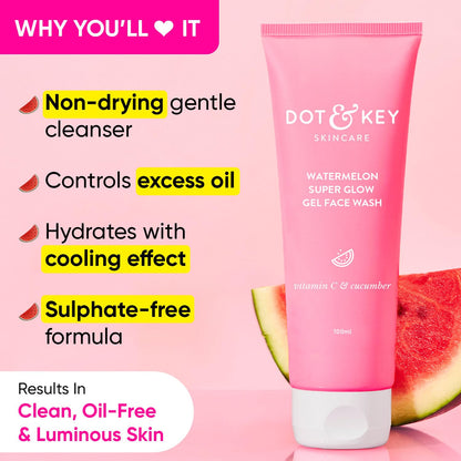 Zephivo DOT & KEY Watermelon Super Glow Gel Face Wash With Vitamin C&Cucumber|Face Wash For Glowing Skin|Oil Free Face Wash|Removes Excess Oil&Dirt|For Combination & Oily Skin|For Women & Men|100Ml
