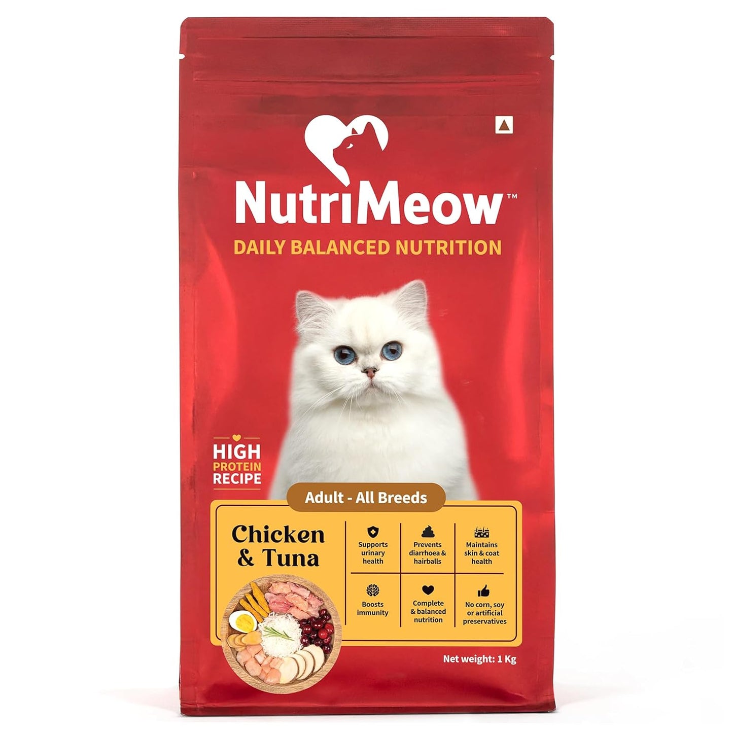 NutriMeow Chicken & Tuna Adult Cat Dry Food – 1 kg, Wholesome Daily Nutrition for All Breeds, Crunchy High Protein Recipe for Healthy Skin, Digestion & Energy