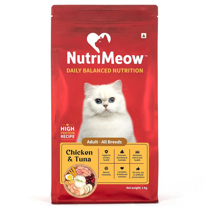 NutriMeow Chicken & Tuna Adult Cat Dry Food – 1 kg, Wholesome Daily Nutrition for All Breeds, Crunchy High Protein Recipe for Healthy Skin, Digestion & Energy
