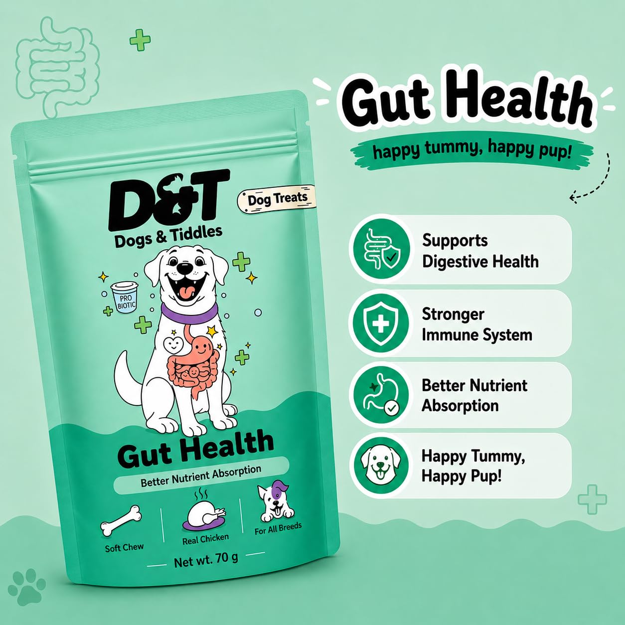 Dogs & Tiddles Gut Health Dog Treats for Puppies & Adult Dogs, 70g | Soft & Chewy Real Chicken Treats | with Postbiotics | Supports Digestion & Digestive Health