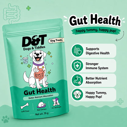 Dogs & Tiddles Gut Health Dog Treats for Puppies & Adult Dogs, 70g | Soft & Chewy Real Chicken Treats | with Postbiotics | Supports Digestion & Digestive Health