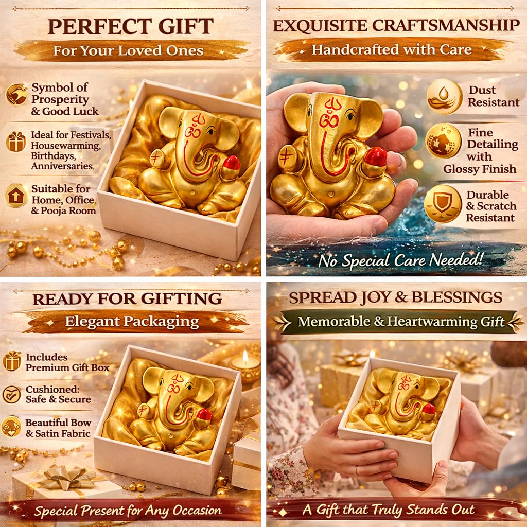 Resin Lord Ganesha Idol Car Dashboard 5x5cm (Golden)