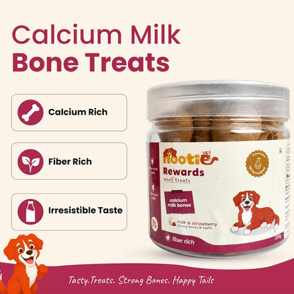 Nootie Calcium Bone Dog Treats 220g | Seaweed & Goat Milk | Dental Health, Clean Teeth & Strong Gums | Milk & Strawberry | All Breeds & Puppies Above 4 Months