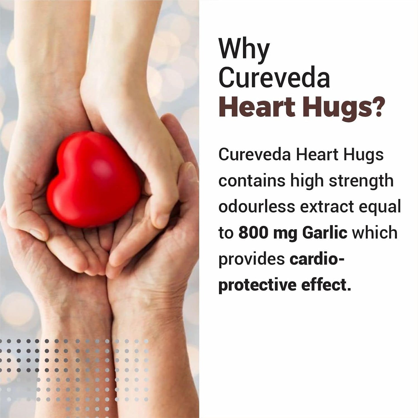 Two hands holding a red heart-shaped object with text about Cureveda Heart Hugs.