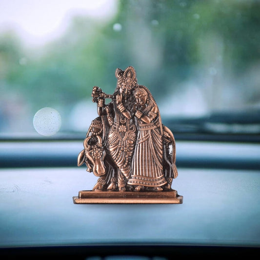 Radha Krishna with Cow in Decorative Frame Idol for Car Dashboard – Copper Finish Spiritual Couple Murti for Mandir & Travel (S926-CPR)