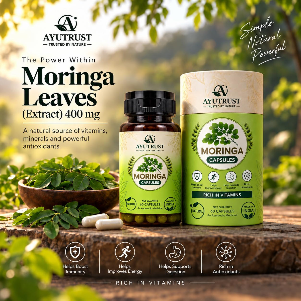 AYUTRUST Moringa Capsules I 400 mg Pure Moringa Leaf Extract | Natural Supplement | Supports Immunity, Energy & Digestion| 60 Capsules |