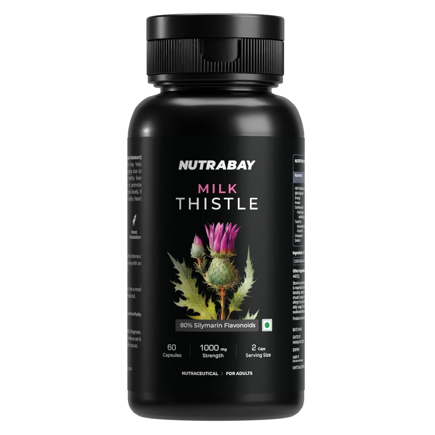 Black bottle of Nutrabay Milk Thistle supplement on a white background