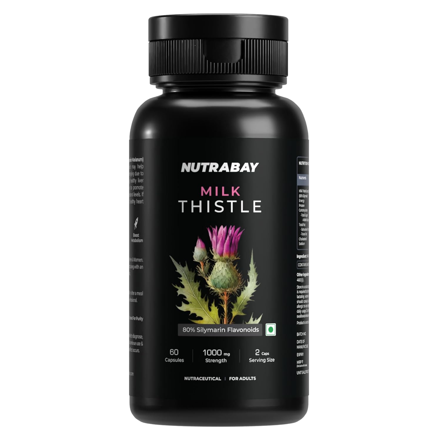 Black bottle of Nutrabay Milk Thistle supplement on a white background