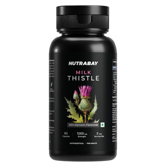 Black bottle of Nutrabay Milk Thistle supplement on a white background