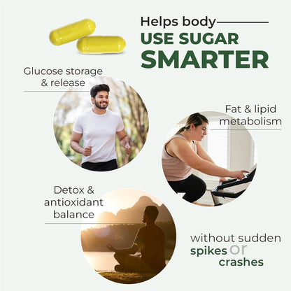 Advertisement for a supplement that helps the body use sugar smarter, with lifestyle images and text on a white background.