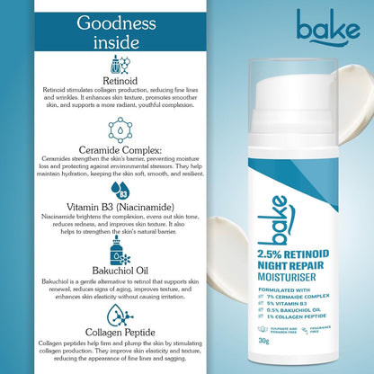 BAKE Retinol Night Cream with 2.5% Retinoid & Bakuchiol Oil for Anti Ageing, Fine Lines & Wrinkles | Retinol Night Repair Moisturizer | Lightweight, Non Sticky & Fragrance Free | All Skin Types | 30g