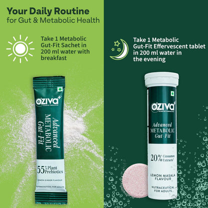 OZiva+ Advanced Metabolic Gut-Fit For Gut & Metabolic Heath | With Cinnamon Polyphenols, B420™ Probiotic, Oat Fiber Prebiotic | 30 Sachets + 30 Effervescent Tablets